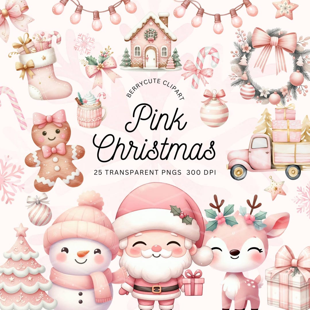Watercolor Pink Christmas Clipart Pack, Pink Christmas Boho, Christmas ...