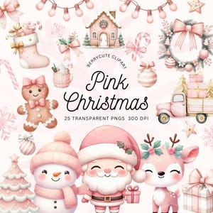 Aquarel roze kerst clipartpakket, roze kerst boho, kerst clipart, peperkoek png, kerstman clipart, gezellige kerst, hygge png