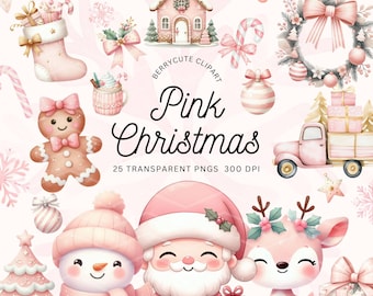 Watercolor Pink Christmas Clipart Pack, Pink Christmas Boho, Christmas Clipart, Gingerbread PNG, Santa Clipart, Cozy Christmas, Hygge PNG