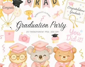 Graduation Animals Clipart, Class of 2025 PNG, Kindergarten Graduation Art, Graduation Teddy Bear, Graduation Party Clipart, Pink Graduation