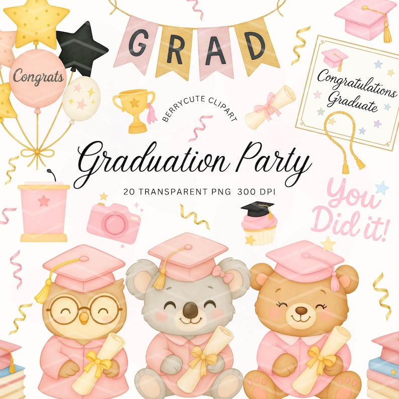 Graduation Animals Clipart, Class of 2025 PNG, Kindergarten Graduation Art, Graduation Teddy Bear, Graduation Party Clipart, Pink Graduation