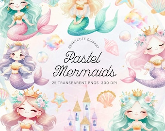 Pastell Meerjungfrau Clipart Pack, Aquarell unter dem Meer, süße Meerjungfrau Clipart-Set, Meerjungfrau Einladungen, Meerjungfrau Png, Mädchen Einladung Png