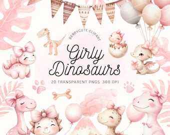 Girly dinosaurus clipart pack, schattige dino clipart, roze dinosaurussen, dinosaurus feest, baby dinosaurus clipart, kinderkamer clipart, T-Rex clipart