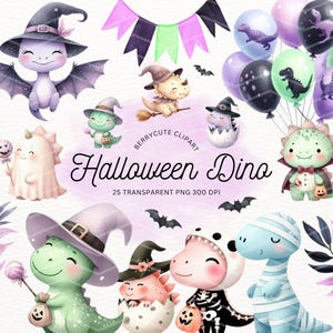 Halloween Dino Clipart Pack, Halloween Dinosaurs, Watercolor Dinosaurs, Dinosaur Halloween Png, Cute Dinosaurs, Dinosaur Party Clipart