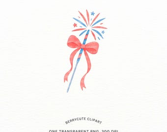 Preppy Patriotic Clip Art, Firecracker with Bow PNG, Sparkler Clipart, Grandmillennial USA, Fourth of July Sublimation, Red White Blue Art