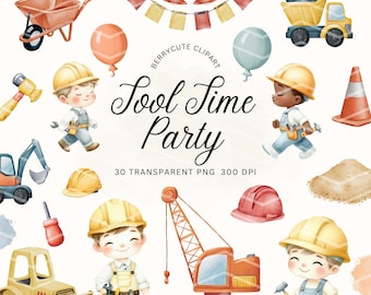 Pacchetto di clipart ad acquerello per l'edilizia, veicolo da cantiere PNG, gru escavatrice PNG, clipart per invito alla festa di compleanno del ragazzo, cantiere edile PNG