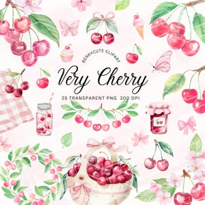 Peut inclure: Illustrations aquarelle de cerises, papillons, fleurs et un panier de cerises. Le texte "Very Cherry" et "25 Transparent PNG 300 DPI" est inclus dans l'image.