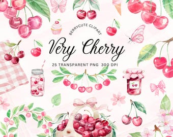 Paquete de imágenes prediseñadas de cerezas, Berry First Png, gráficos para invitaciones, cereza en acuarela, fruta de cereza Png, lazo de cereza Png, imágenes prediseñadas de frutas de verano, FSTE