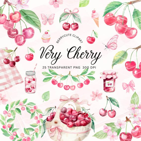 Cherry Clipart Pack, Berry First Png, Invitation Graphics, Watercolor Cherry, Cherry Fruit Png, Cherry Bow Png, Summer Fruit Clipart, FSTE