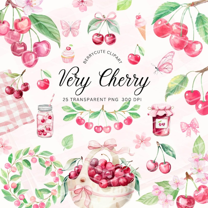 Cherry Clipart Pack, Berry First Png, Invitation Graphics, Watercolor Cherry, Cherry Fruit Png, Cherry Coquette Png, Summer Fruit Clipart