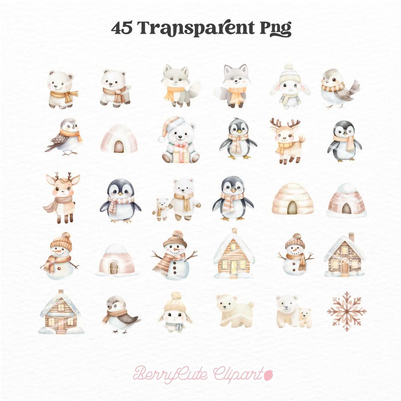 Winter Wonderland Clipart Bundle, Neutral Christmas Clipart, Boho Christmas Clipart, Cozy Winter Clipart, Arctic Animal Clipart