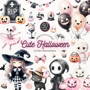 かわいいハロウィン クリップアート バンドル、かわいいハロウィン モンスター クリップアート、かわいい魔女 クリップアート、かわいい幽霊 クリップアート、子供向けハロウィン クリップアート、黒猫