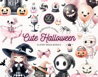 かわいいハロウィンのクリップアートセット、かわいいハロウィンモンスターのクリップアート、かわいい魔女のクリップアート、かわいい幽霊のクリップアート、子供向けハロウィンのクリップアート、黒猫