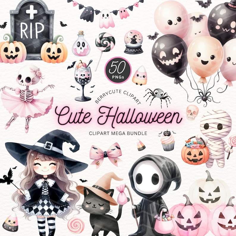 Cute Halloween Clipart Bundle, Cute Halloween Monsters Clipart, Cute Witch Clipart, Cute Ghost Clipart, Kids Halloween Clipart, Black Cat