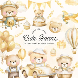 Gold Watercolor Teddy Bear Clipart, Neutral Teddy PNG, Boho Teddy Bear, Hot Air Balloon Teddy Bear, Baby Shower Clipart, Cute Bear PNG