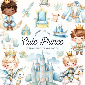 Cute Prince Clipart Pack, Prince Birthday Party Clipart, Royal Crown Clipart, Knight Clipart, Boy Baby Shower PNG, Prince Theme, Blue Prince