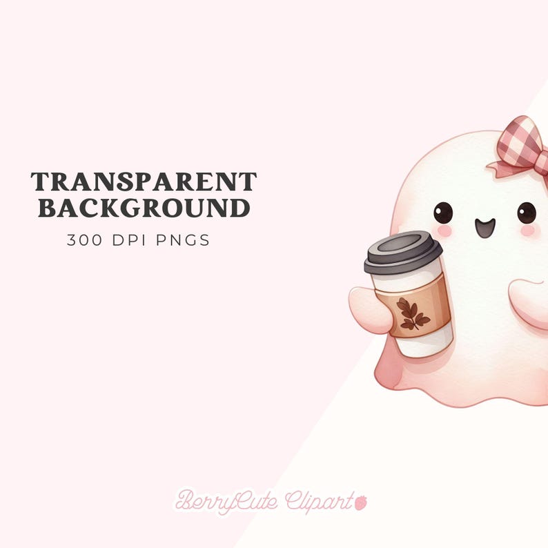 Op de afbeelding: Een schattig cartoon-spookje met een roze strik en een bruine koffiebeker met een blaadjesontwerp. Het spookje heeft een roze blos en een gelukkige uitdrukking. De achtergrond is wit.