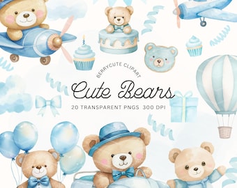 Blau Aquarell Teddybär Clipart, blauer Teddy, Boho Teddybär, Heißluftballon Teddybär, Baby-Dusche Clipart, niedlicher Bär PNG, Baby Bär