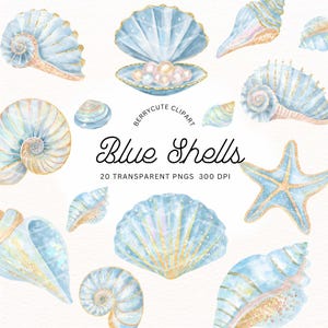 Könnte beinhalten: Ein Set mit 20 Aquarell-Illustrationen von blauen und goldenen Muscheln, darunter ein Seestern. Die Illustrationen sind in hoher Auflösung und perfekt für digitales Scrapbooking, Kartenherstellung und andere kreative Projekte.