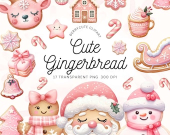 Pastel Gingerbread Clipart Pack, Pink Christmas Clipart, Watercolor Christmas Cookie, Pink Gingerbread House Clipart, Cute Christmas Clipart