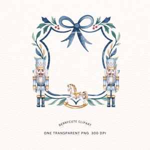 May include: A watercolour illustration of a blue frame with a bow and foliage. Two toy soldier nutcrackers stand either side of a white and gold rocking horse. Text at the bottom reads "BERRYCUTE CLIPART" and "ONE TRANSPARENT PNG 300 DPI".