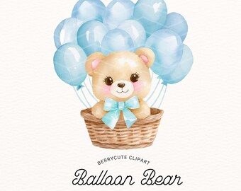 Bear in Basket With Balloons Clipart, Blue Teddy PNG, Hot Air Balloon Teddy Bear, Cute Boho Bears, We Can Bearly Wait, Baby Shower Clipart