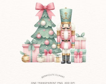 Pastel Nutcracker Christmas Clipart: Coquette Tree Gift PNG, Grandmillennial Christmas Art, Pink & Mint Christmas PNG, Digital Download