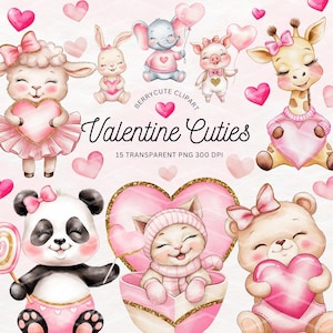 Cute Valentine&#39;s Day Animals Clipart Pack, Watercolor Love Animal, Valentine Clipart, Valentine Cat, Dog, Bear, Valentine Invites Png