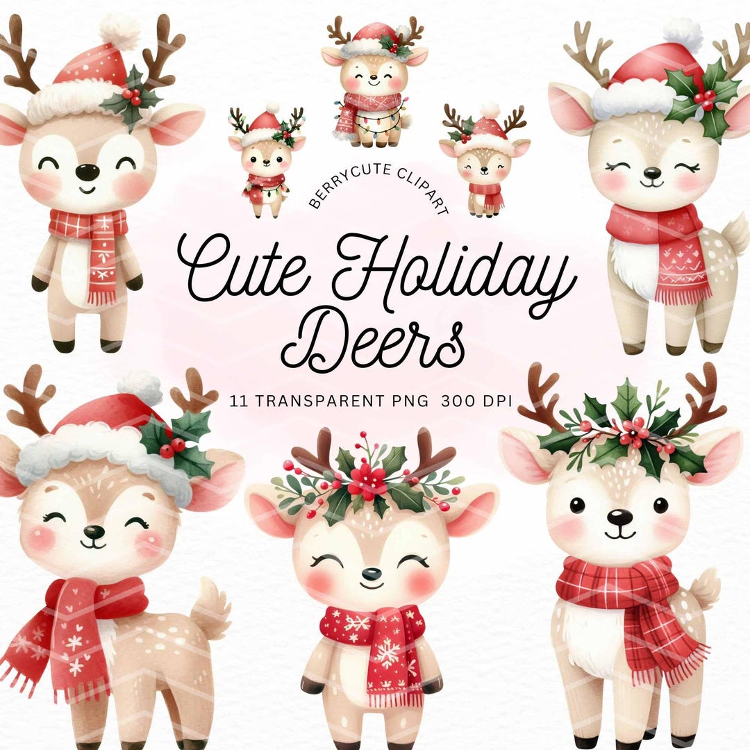 Christmas Deer Clipart Pack, Festive Reindeer PNG, Cute Fawn Graphics ...