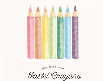 Puede incluir: Conjunto de siete lápices de colores pastel, dispuestos verticalmente en forma de arcoíris. Los lápices están pintados con acuarela y tienen un aspecto texturizado. El texto "Pastel Crayons" está debajo de los lápices.