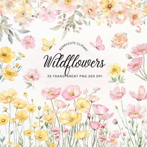 Rosa und gelbe Wildblumen Clipart, Butterblume Wildblumen PNG, Muttertag Clipart, Wiesenblumen, Hochzeit Blumen PNG, Frühlings Wildblumen