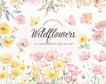 Pink and Yellow Wildflower Clipart, Buttercup Wildflower PNG, Mother's Day Clipart, Meadow Flowers, Wedding Floral PNG, Spring Wildflowers