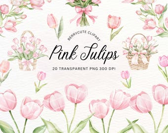 Pink Tulip Clipart Pack, Watercolor Tulip PNG, Spring Floral Clipart, Spring Flower Illustration, Botanical Clipart, Spring Invitation Png