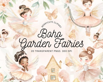 May include: Watercolor illustration featuring the text "Boho Garden Fairies" with images of fairies, butterflies, flowers, and a house. The fairies are depicted in ballet-style dresses with wings. The color palette includes soft pinks, peaches, and greens.