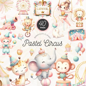 Pastel Circus Clipart Bundle, Pastel Carnival Clipart, Baby Circus Png, Baby Clown Clipart, Cotton Candy Clipart, Baby Elephant Clipart