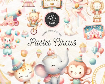 Pastel Circus Clipart Bundle, Pastel Carnival Clipart, Baby Circus Png, Baby Clown Clipart, Cotton Candy Clipart, Baby Elephant Clipart