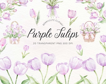 Purple Tulip Clipart Pack, Watercolor Tulip, Spring Floral Clipart, Spring Flower Illustration, Botanical Clipart, Spring Invitation Png