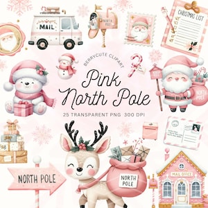 Paquete de imágenes prediseñadas del Polo Norte, Pueblo de Papá Noel en acuarela, Imágenes prediseñadas navideñas, Imágenes prediseñadas navideñas rosas, Imágenes prediseñadas de Papá Noel, País de las Maravillas Invernal, Creación de tarjetas