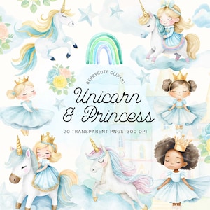 Princess Unicorn Clipart Pack, Blue Princess Clipart, Cute Unicorn, Fairytale Clipart, Fantasy Clipart, Rainbow Unicorns, Blue Unicorn