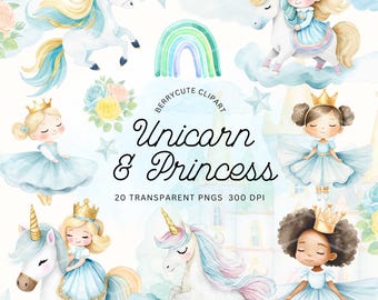 Paquete de imágenes prediseñadas de princesa unicornio, imágenes prediseñadas de princesa azul, unicornio lindo, imágenes prediseñadas de cuento de hadas, imágenes prediseñadas de fantasía, unicornios arcoíris, unicornio azul