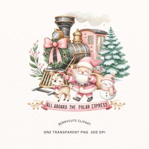 Polar Express Clipart, Christmas Train Clipart, Pink Train PNG, Watercolor Train Graphics, Sublimation Clipart, Santa Clipart, Christmas PNG