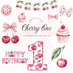 Peut inclure: Un ensemble de 10 illustrations à l'aquarelle sur le thème de la cerise rose et blanche. L'ensemble comprend un cupcake, un nœud, une guirlande de cerises, un numéro un, une tarte, une cerise et les mots "Joyeux anniversaire" et "Cerise Un".
