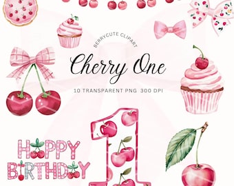 Imágenes prediseñadas de cerezas para el primer cumpleaños, Dulce primer cumpleaños PNG, Cereza en acuarela, Cereza en la cima, Invitación para bebé niña, Imágenes prediseñadas de lazo de cereza, Fruta PNG, FBDY