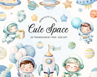 Outer Space Clipart Pack, Cute Astronaut Clipart, Galaxy Clipart, Rocket Clipart, UFO, Planets, Stars, Boy Birthday Party Invitation