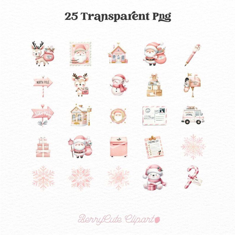 North Pole Clipart Pack, Watercolor Santa's Village, Christmas Clipart, Pink Christmas Png, Santa Clipart, Winter Wonderland, Junk Journal