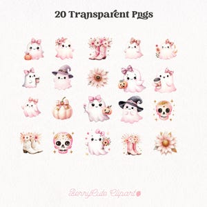 Op de afbeelding: 20 transparante PNG-afbeeldingen van schattige roze en witte geesten met verschillende Halloween-accessoires, waaronder pompoenen, bloemen, heksenhoeden en een suiker schedel. De afbeeldingen zijn perfect voor digitaal scrapbooken, kaart maken en andere creatieve projecten.