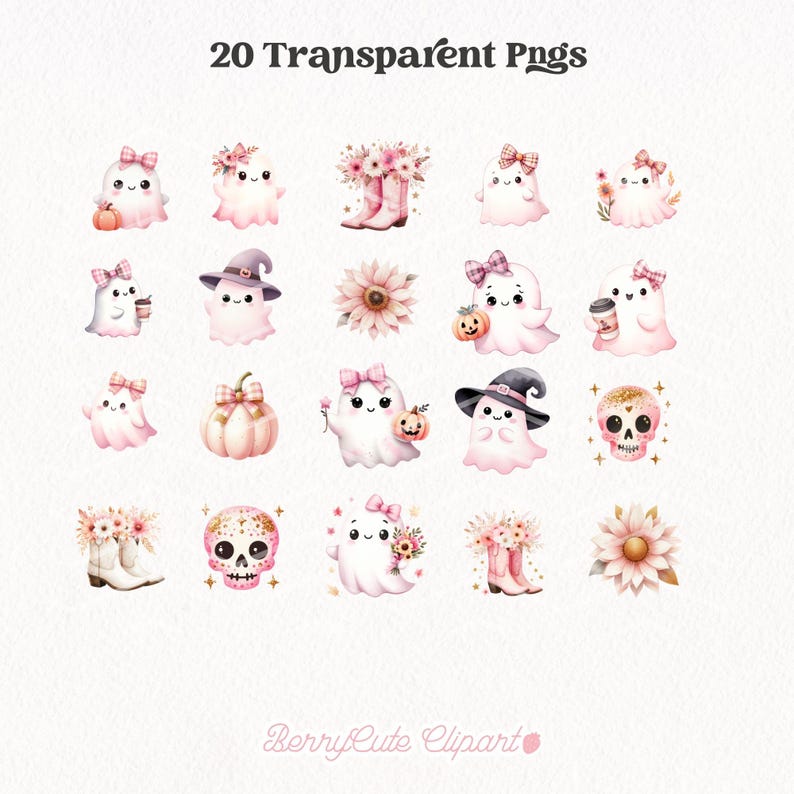Op de afbeelding: 20 transparante PNG-afbeeldingen van schattige roze en witte geesten met verschillende Halloween-accessoires, waaronder pompoenen, bloemen, heksenhoeden en een suiker schedel. De afbeeldingen zijn perfect voor digitaal scrapbooken, kaart maken en andere creatieve projecten.
