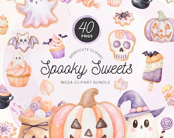 ハロウィンスイーツクリップアートバンドル、ハロウィンキャンディクリップアート、トリックオアトリート、かわいいゴーストクリップアート、コウモリ、ハロウィンPNG、キャンディコーン、不気味なPNG
