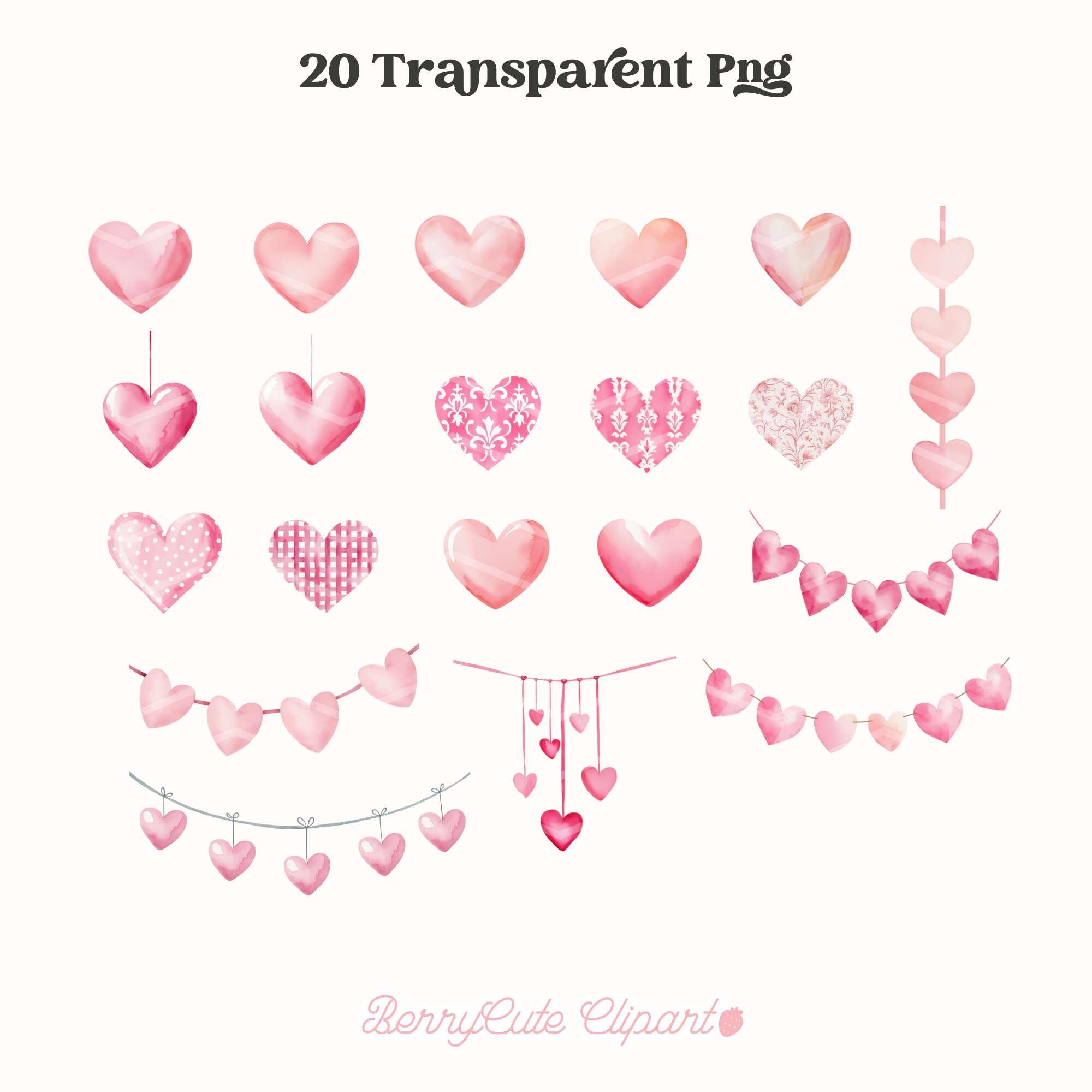 Watercolor Pink Heart Clipart Pack, Valentine Heart Clipart, Hanging ...