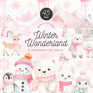 May include: A set of 45 watercolor winter wonderland clipart images. The images include a variety of animals, including a deer, a penguin, a snowman, a polar bear, a fox, and a rabbit. The images are all in a pink and white color scheme and are perfect for use in digital scrapbooking, card making, and other craft projects.